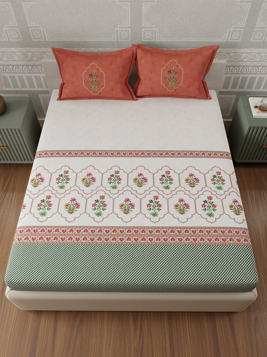 100% Cotton 300 TC, Red & White Digitally Printed King Bedsheet with 2 Pillow Covers (Gardenia Augusta Vintage Collection)
