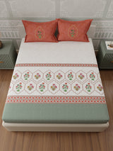 100% Cotton 300 TC, Red & White Digitally Printed King Bedsheet with 2 Pillow Covers (Gardenia Augusta Vintage Collection)