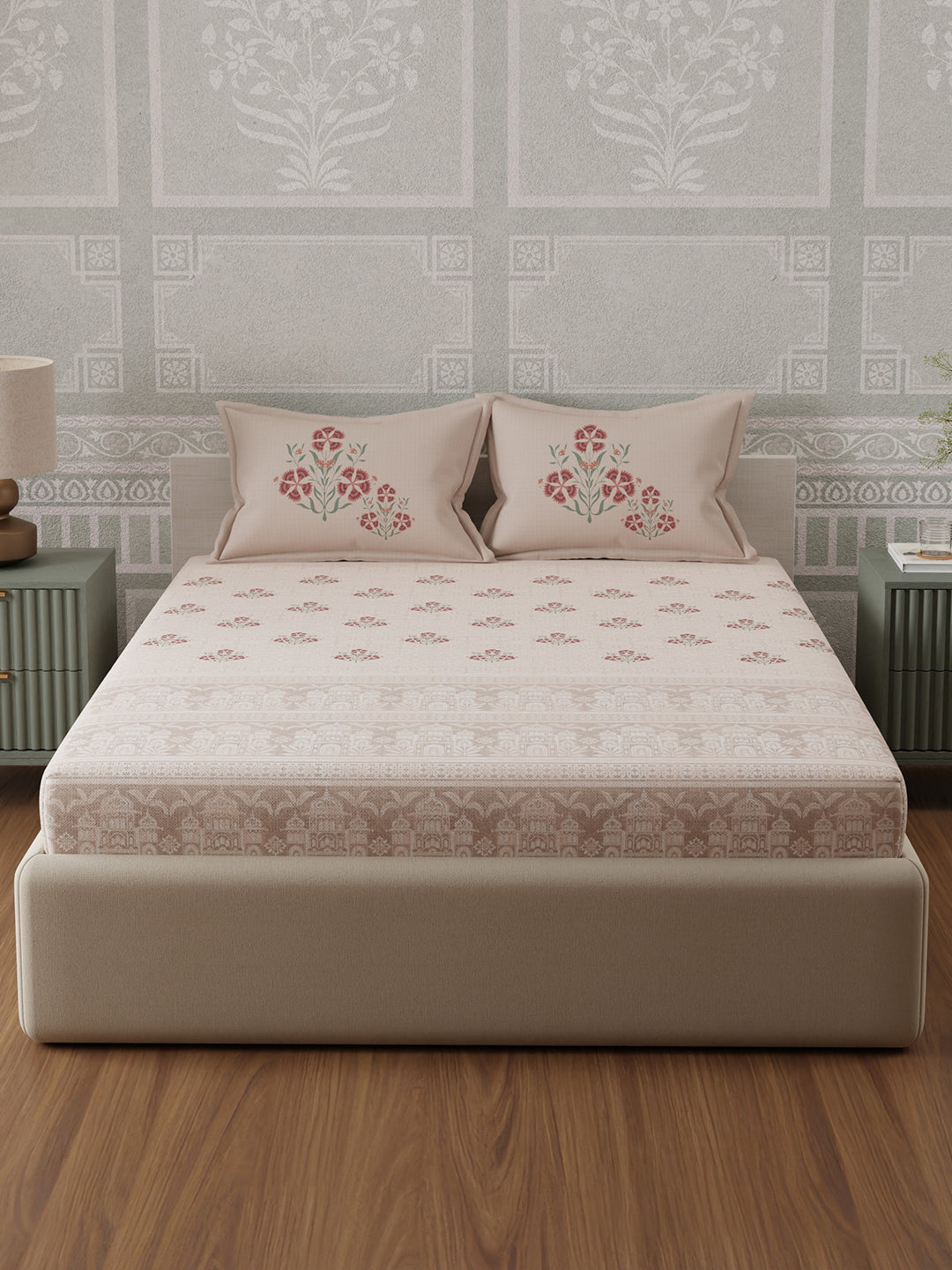 100% Cotton 300 TC, Light Pink Digitally Printed King Bedsheet with 2 Pillow Covers (Gardenia Augusta Vintage Collection)