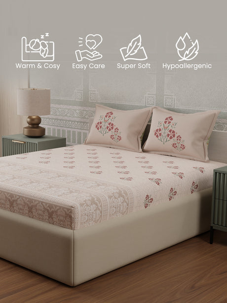 100% Cotton 300 TC, Light Pink Digitally Printed King Bedsheet with 2 Pillow Covers (Gardenia Augusta Vintage Collection)