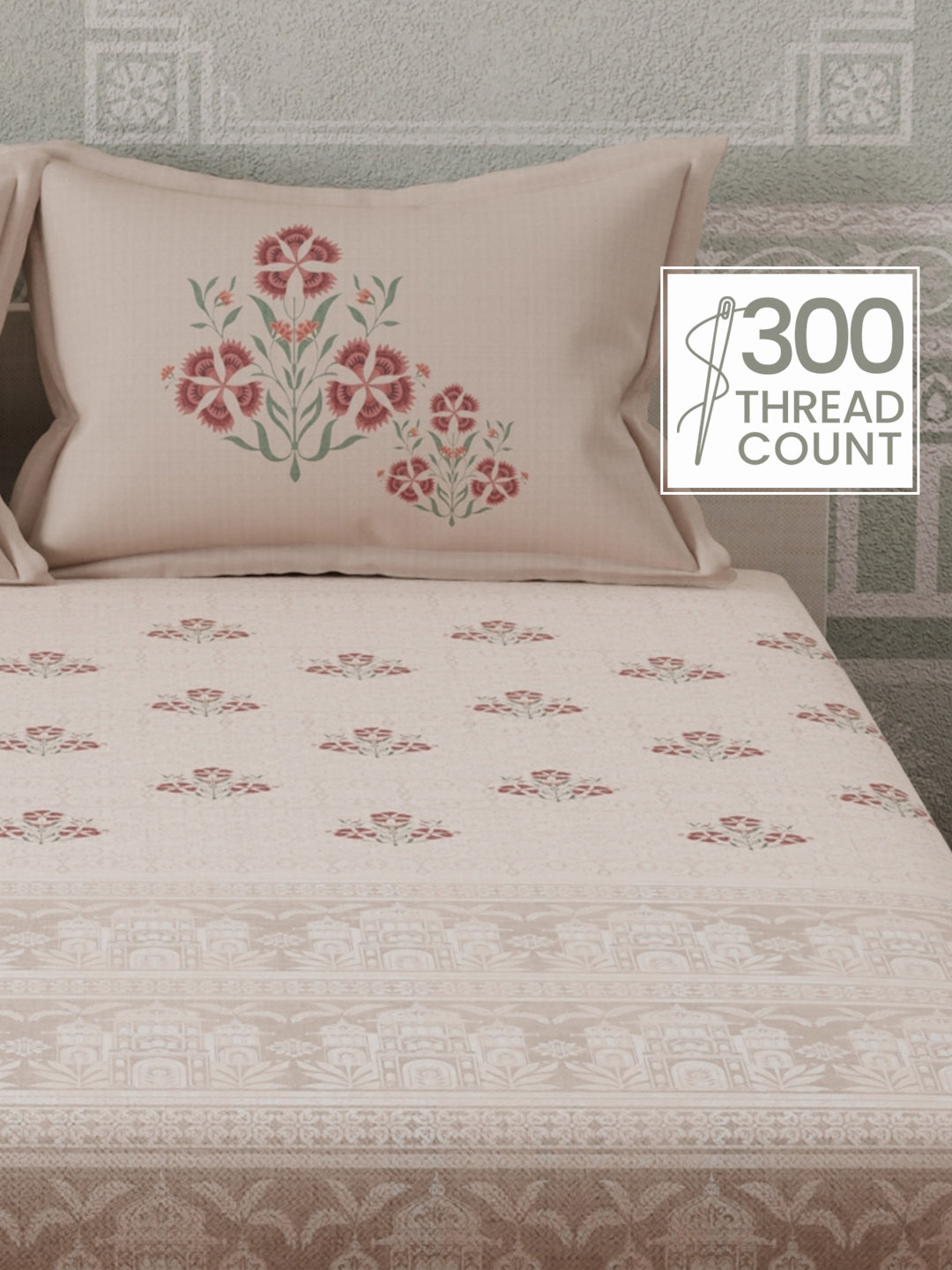 100% Cotton 300 TC, Light Pink Digitally Printed King Bedsheet with 2 Pillow Covers (Gardenia Augusta Vintage Collection)