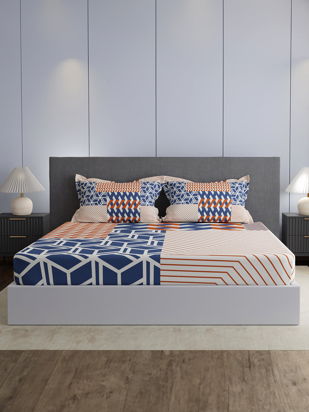 100% Cotton King Bedsheet Set, 300 TC Blue & Red Geometric, Gardenia Augusta