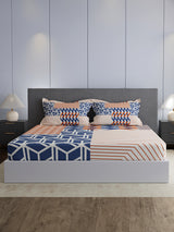 100% Cotton King Bedsheet Set, 300 TC Blue & Red Geometric, Gardenia Augusta
