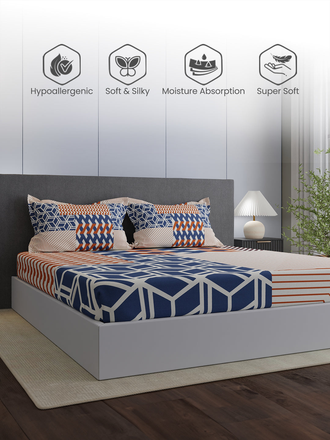 100% Cotton King Bedsheet Set, 300 TC Blue & Red Geometric, Gardenia Augusta