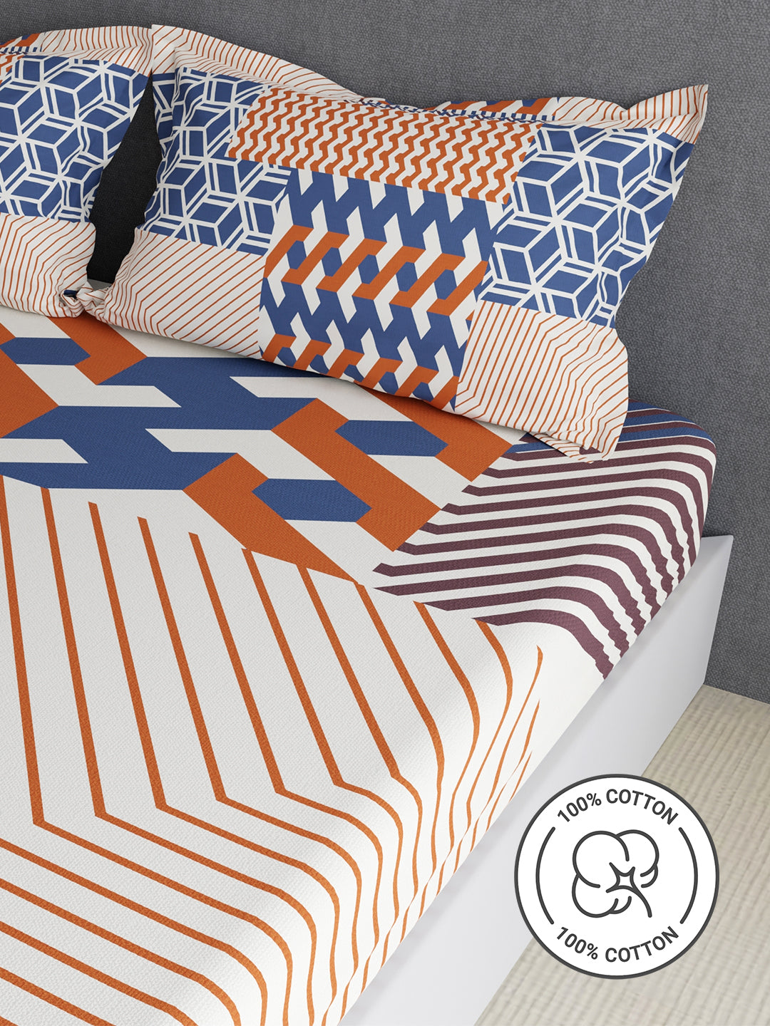 100% Cotton King Bedsheet Set, 300 TC Blue & Red Geometric, Gardenia Augusta