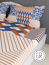 100% Cotton King Bedsheet Set, 300 TC Blue & Red Geometric, Gardenia Augusta