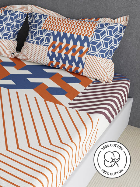100% Cotton King Bedsheet Set, 300 TC Blue & Red Geometric, Gardenia Augusta