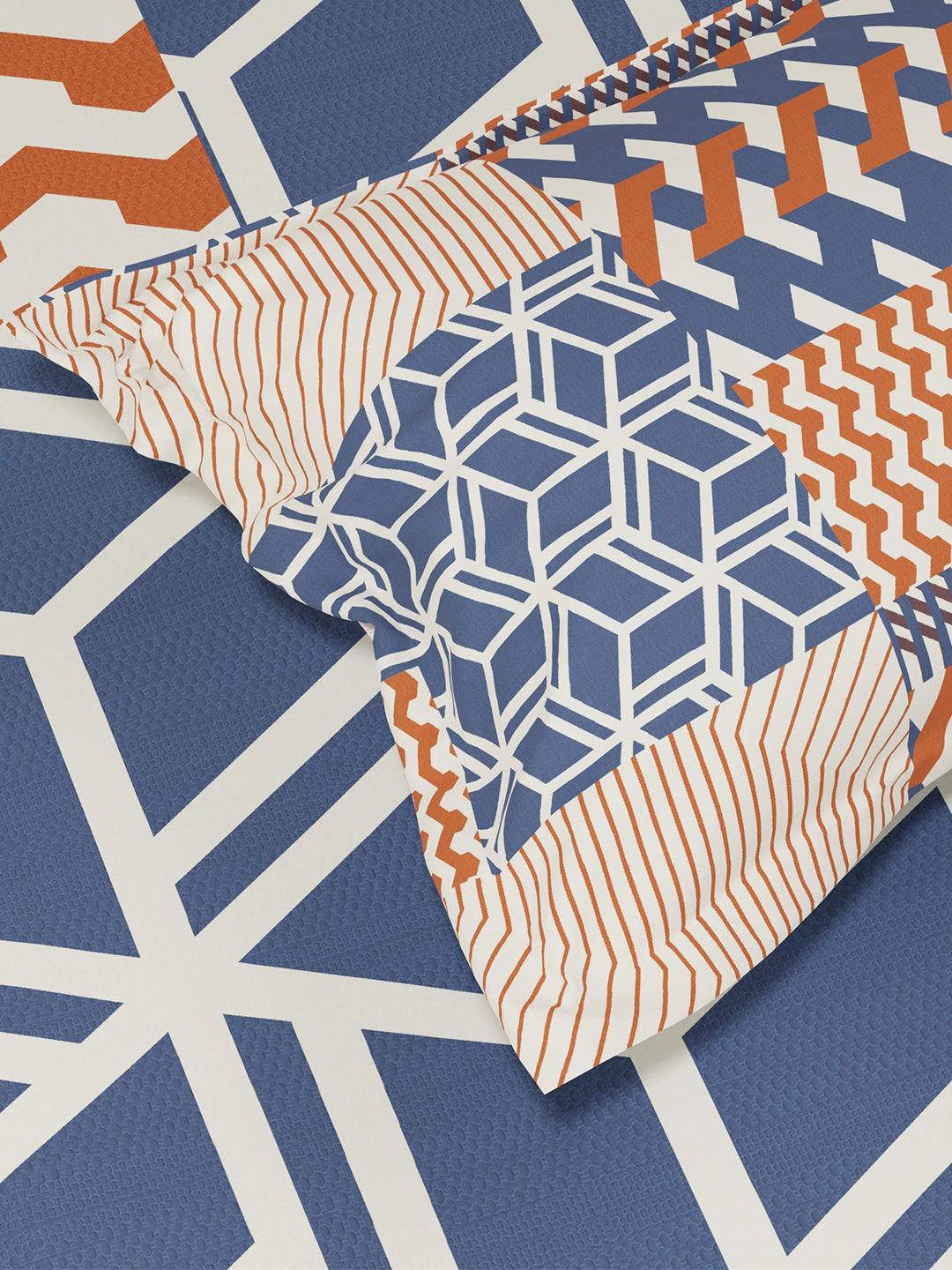 100% Cotton King Bedsheet Set, 300 TC Blue & Red Geometric, Gardenia Augusta