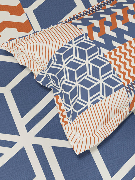 100% Cotton King Bedsheet Set, 300 TC Blue & Red Geometric, Gardenia Augusta