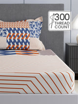 100% Cotton King Bedsheet Set, 300 TC Blue & Red Geometric, Gardenia Augusta