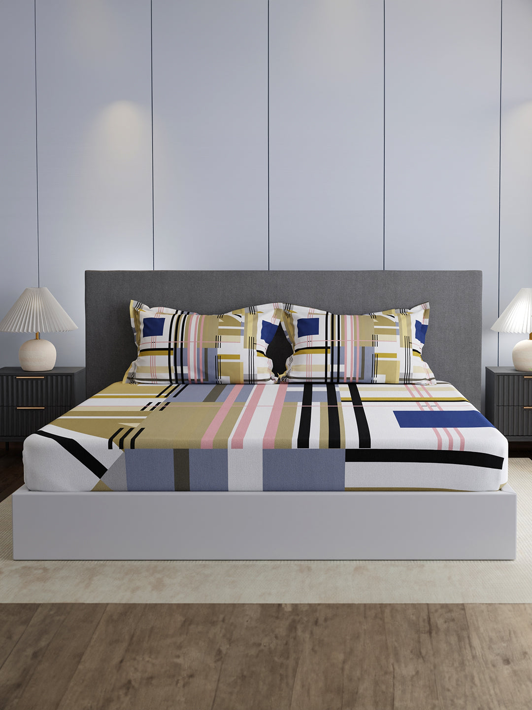 100% Cotton King Bedsheet Set, 300 TC Multicolor Geometric, Gardenia Augusta