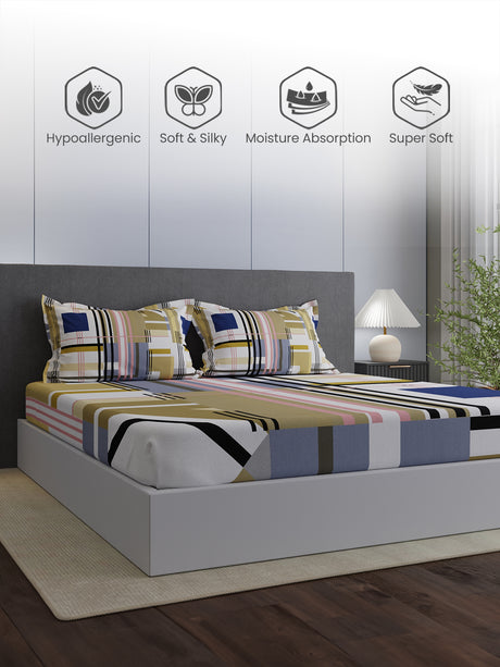 100% Cotton King Bedsheet Set, 300 TC Multicolor Geometric, Gardenia Augusta