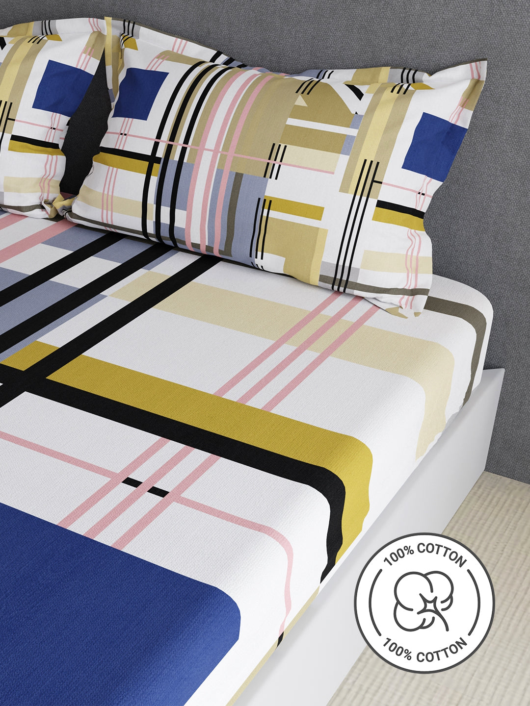 100% Cotton King Bedsheet Set, 300 TC Multicolor Geometric, Gardenia Augusta