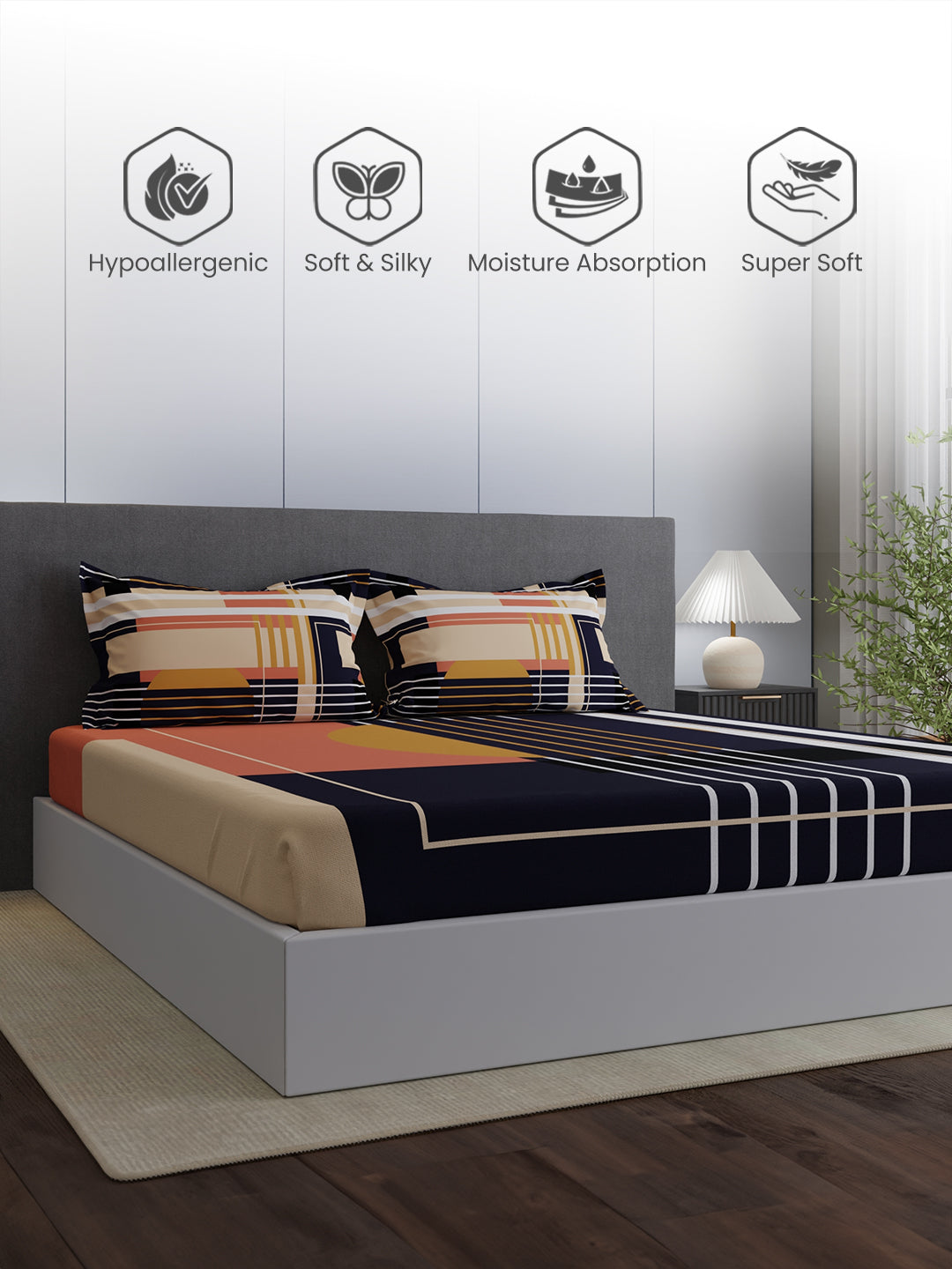 100% Cotton King Bedsheet Set, 300 TC Blue Geometric, Gardenia Augusta