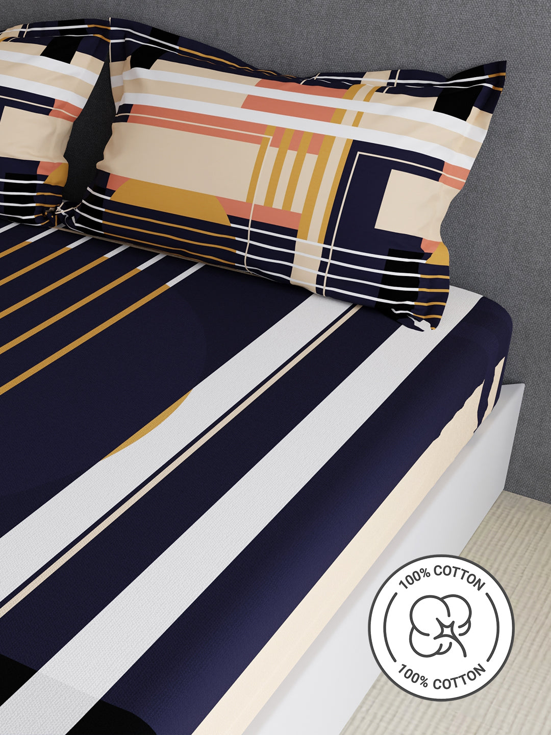 100% Cotton King Bedsheet Set, 300 TC Blue Geometric, Gardenia Augusta