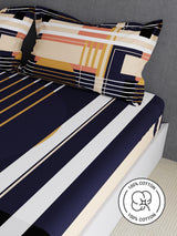 100% Cotton King Bedsheet Set, 300 TC Blue Geometric, Gardenia Augusta
