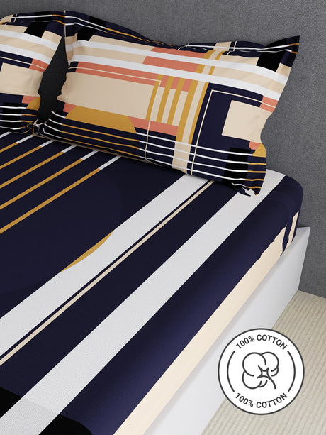 100% Cotton King Bedsheet Set, 300 TC Blue Geometric, Gardenia Augusta