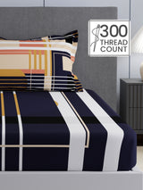 100% Cotton King Bedsheet Set, 300 TC Blue Geometric, Gardenia Augusta