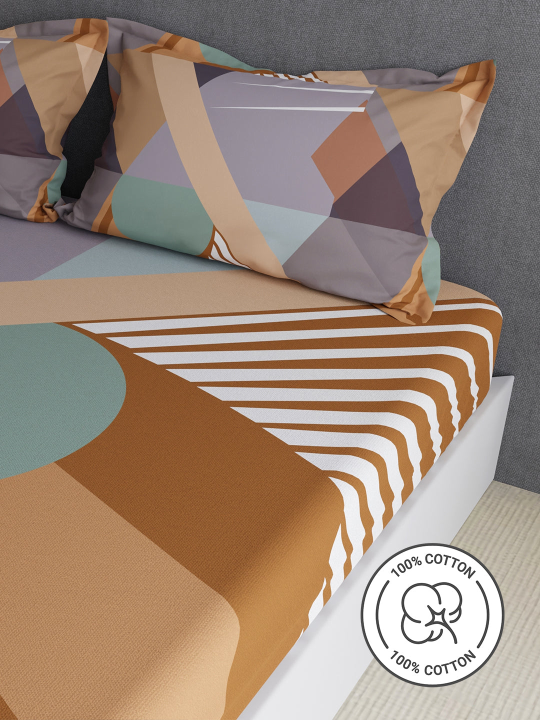 100% Cotton King Bedsheet Set, 300 TC Multicolor Geometric, Gardenia Augusta