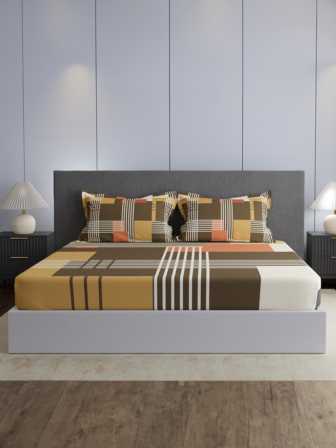 100% Cotton King Bedsheet Set, 300 TC Brown Geometric, Gardenia Augusta