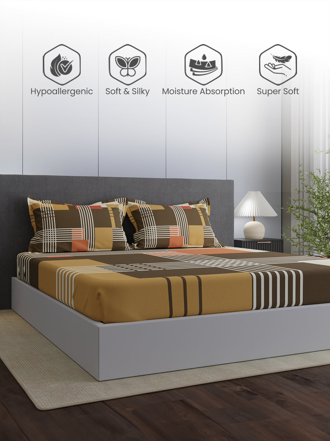 100% Cotton King Bedsheet Set, 300 TC Brown Geometric, Gardenia Augusta