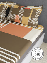 100% Cotton King Bedsheet Set, 300 TC Brown Geometric, Gardenia Augusta