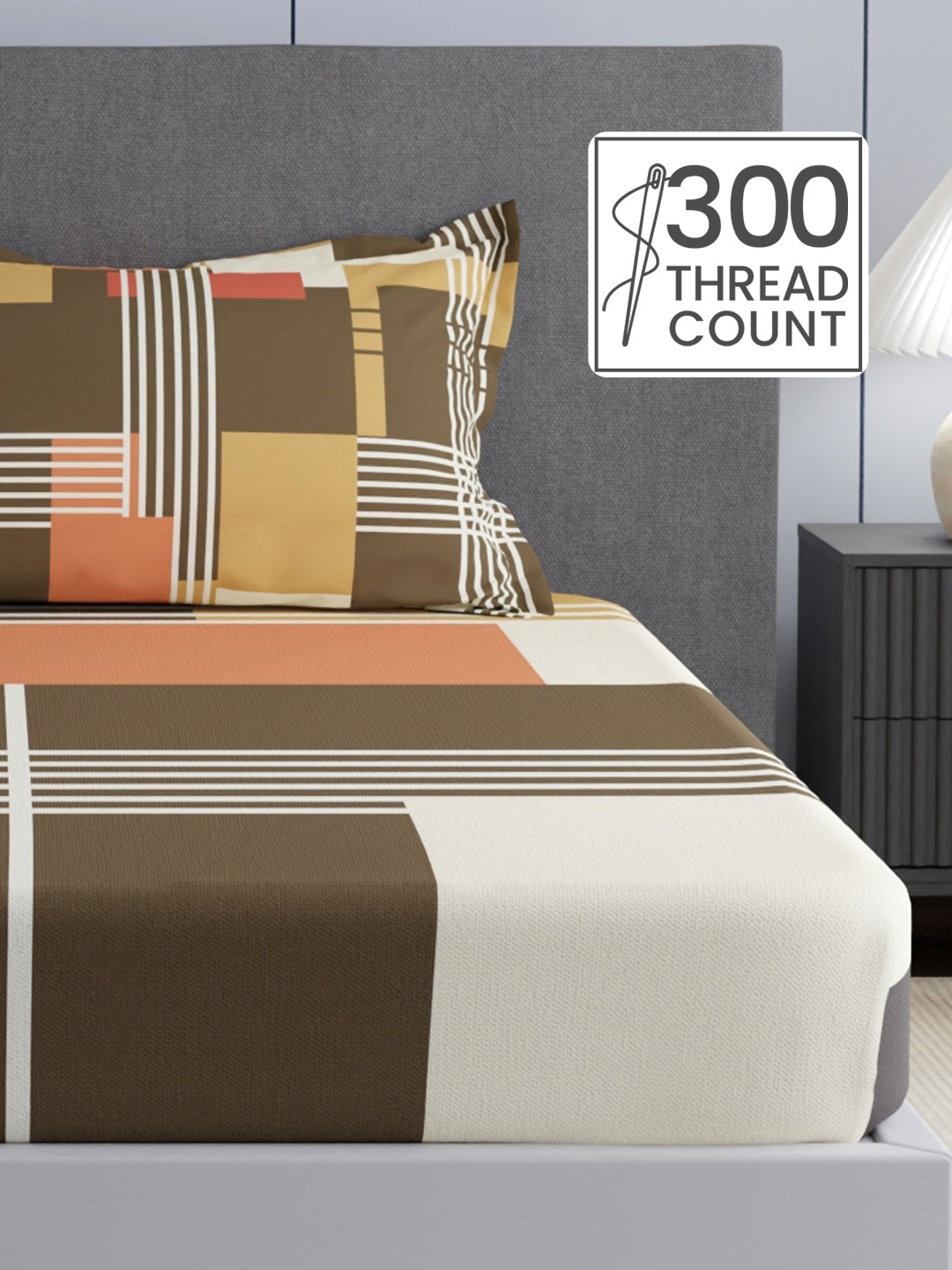100% Cotton King Bedsheet Set, 300 TC Brown Geometric, Gardenia Augusta