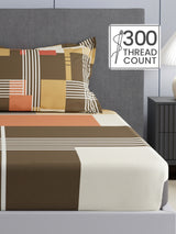 100% Cotton King Bedsheet Set, 300 TC Brown Geometric, Gardenia Augusta