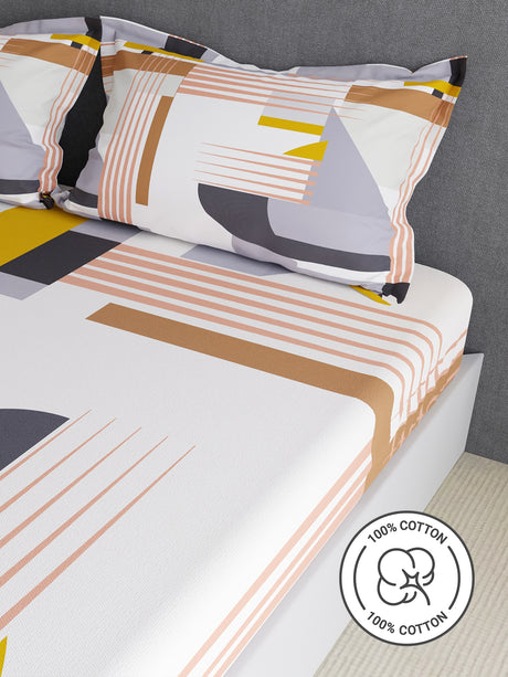 100% Cotton King Bedsheet Set, 300 TC Multicolor Geometric, Gardenia Augusta