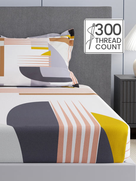 100% Cotton King Bedsheet Set, 300 TC Multicolor Geometric, Gardenia Augusta