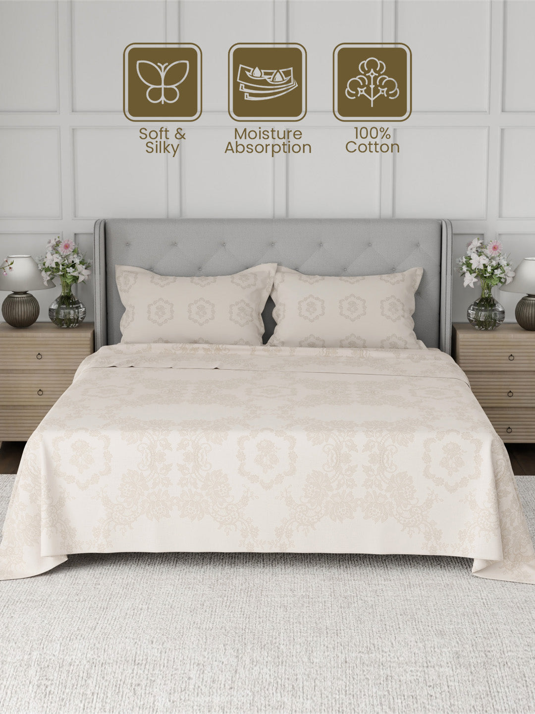 100% Cotton 300 TC, Printed King Bedsheet Set for Gifting, Cottage Garden