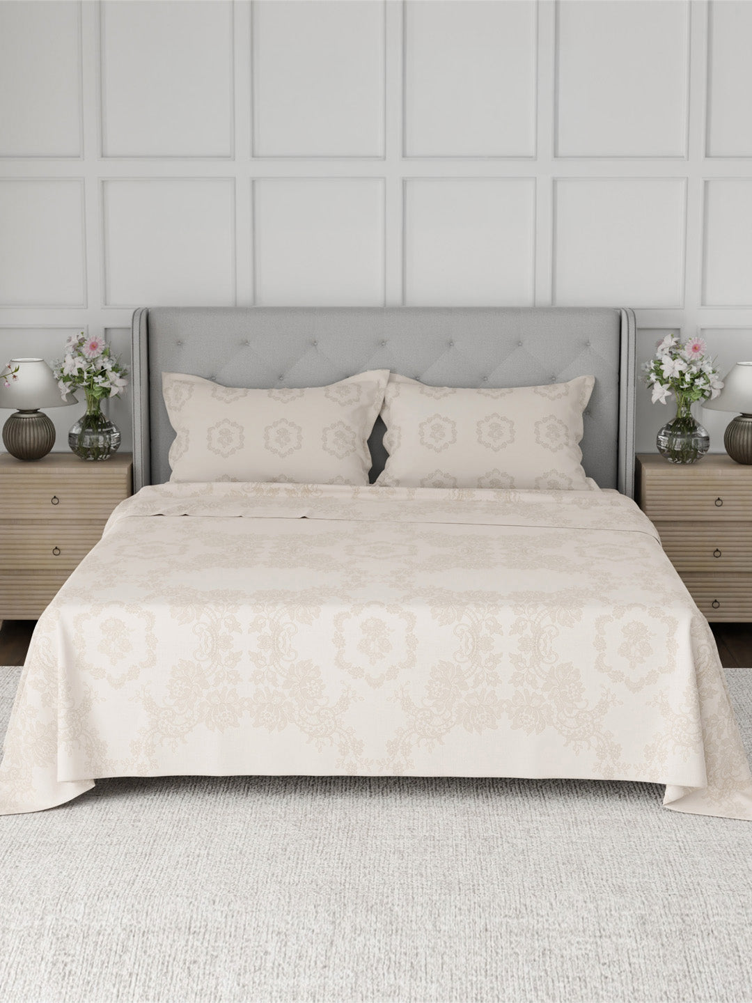 100% Cotton 300 TC, Printed King Bedsheet Set for Gifting, Cottage Garden