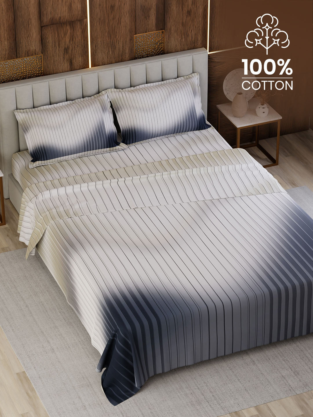 100% Cotton King Bedsheet Set, 300 TC Printed, Gardenia Augusta