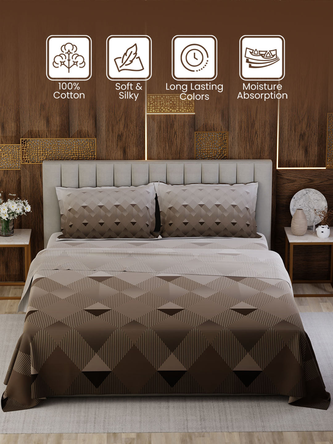 100% Cotton King Bedsheet Set, 300 TC Printed, Gardenia Augusta