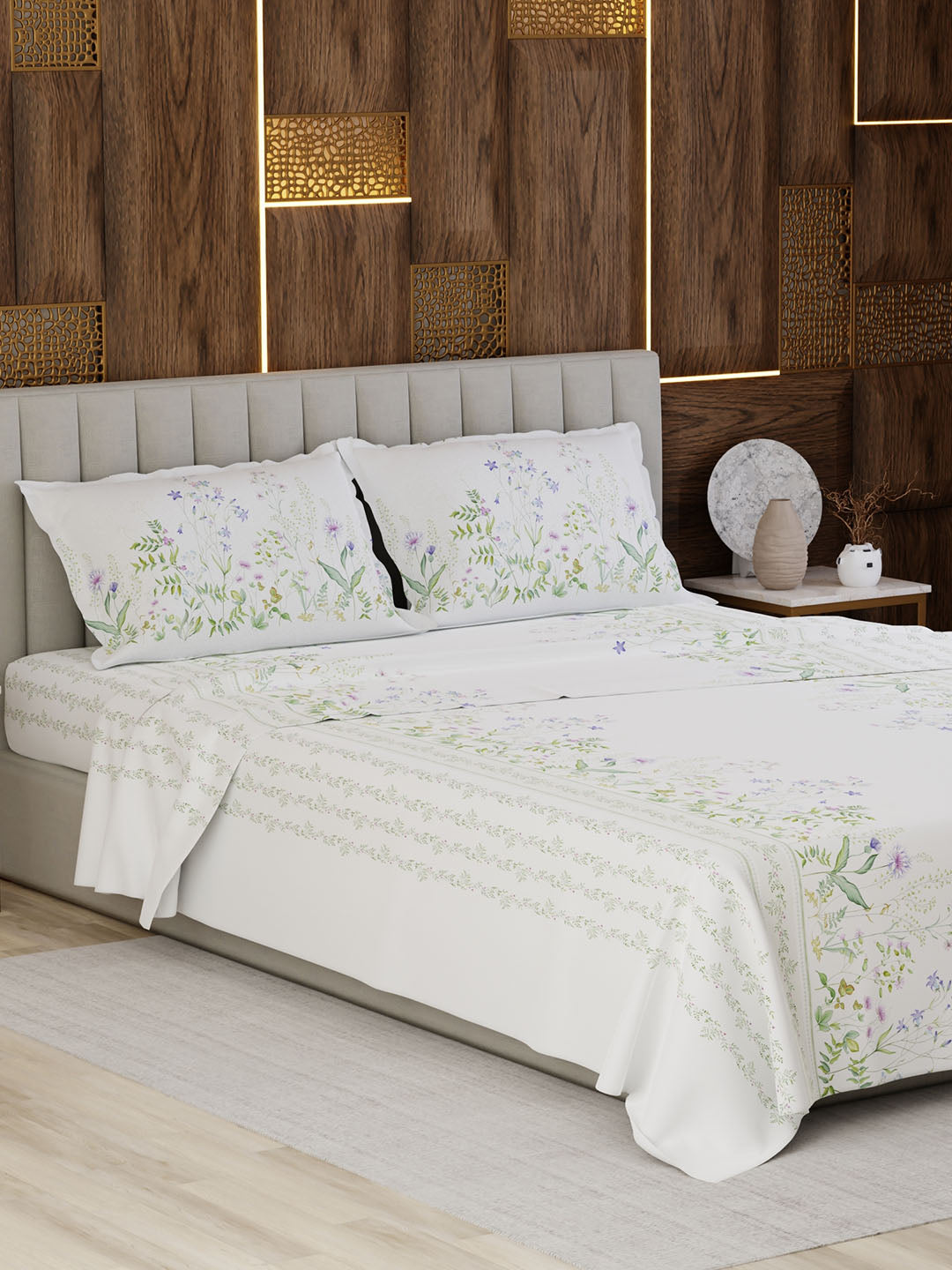 100% Cotton King Bedsheet Set, 300 TC Printed, Gardenia Augusta