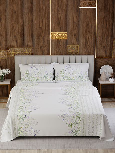 100% Cotton King Bedsheet Set, 300 TC Printed, Gardenia Augusta