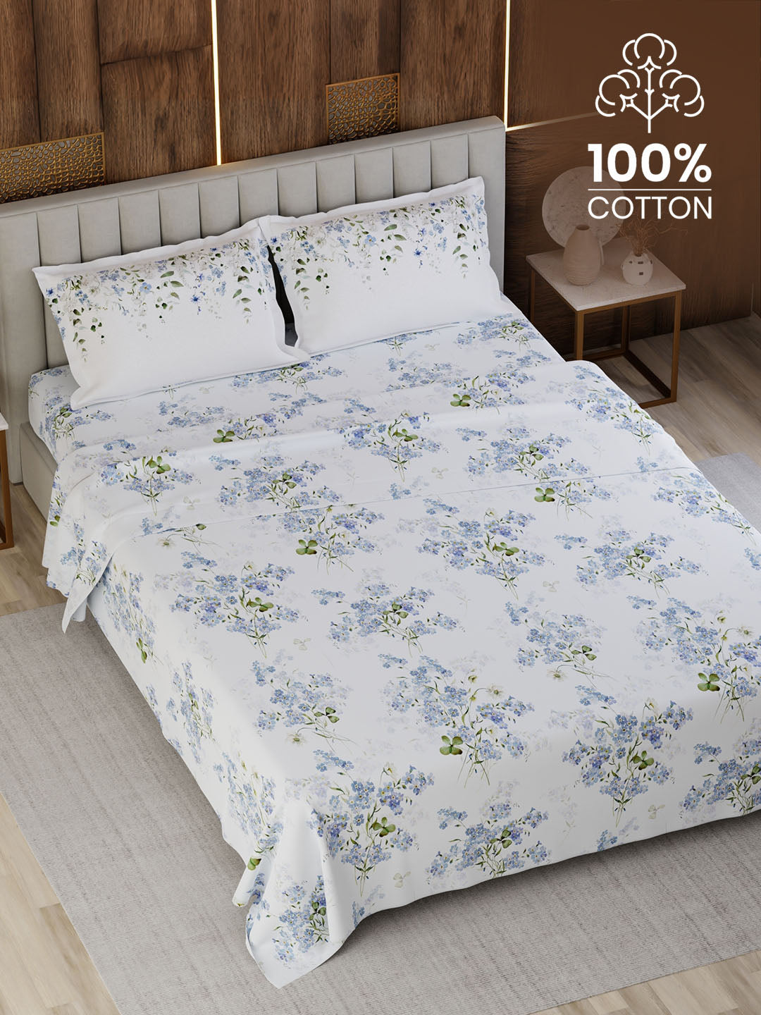 100% Cotton King Bedsheet Set, 300 TC Printed, Gardenia Augusta