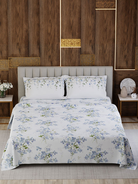 100% Cotton King Bedsheet Set, 300 TC Printed, Gardenia Augusta