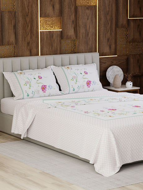 100% Cotton King Bedsheet Set, 300 TC Printed, Gardenia Augusta