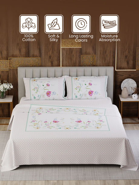 100% Cotton King Bedsheet Set, 300 TC Printed, Gardenia Augusta