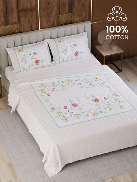 100% Cotton King Bedsheet Set, 300 TC Printed, Gardenia Augusta