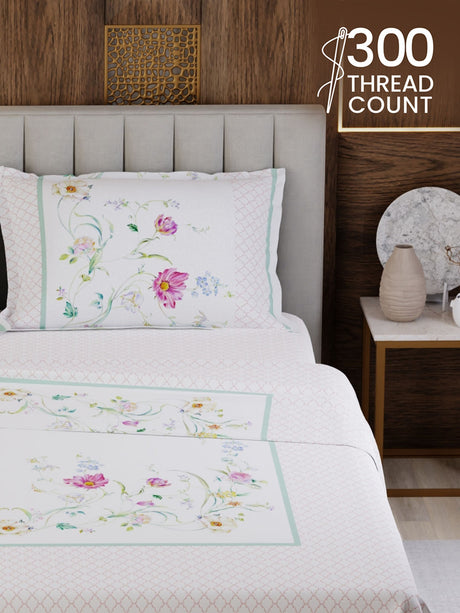 100% Cotton King Bedsheet Set, 300 TC Printed, Gardenia Augusta