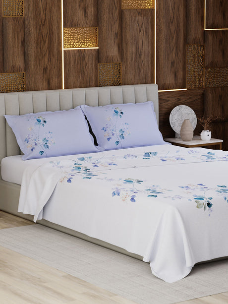100% Cotton King Bedsheet Set, 300 TC Printed, Gardenia Augusta