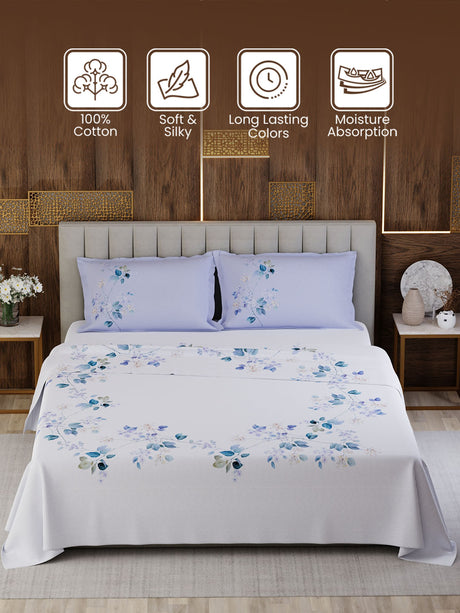 100% Cotton King Bedsheet Set, 300 TC Printed, Gardenia Augusta