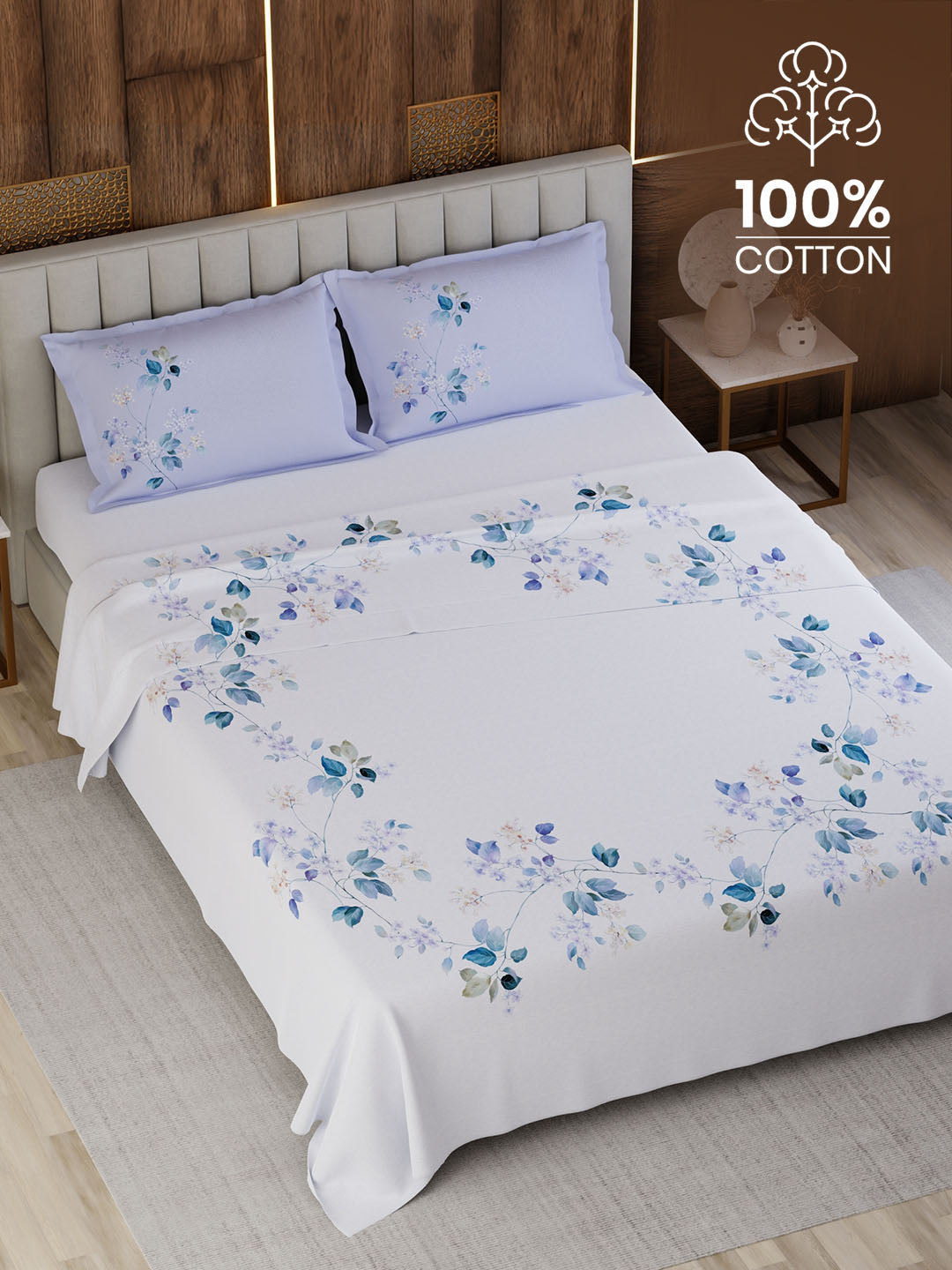 100% Cotton King Bedsheet Set, 300 TC Printed, Gardenia Augusta