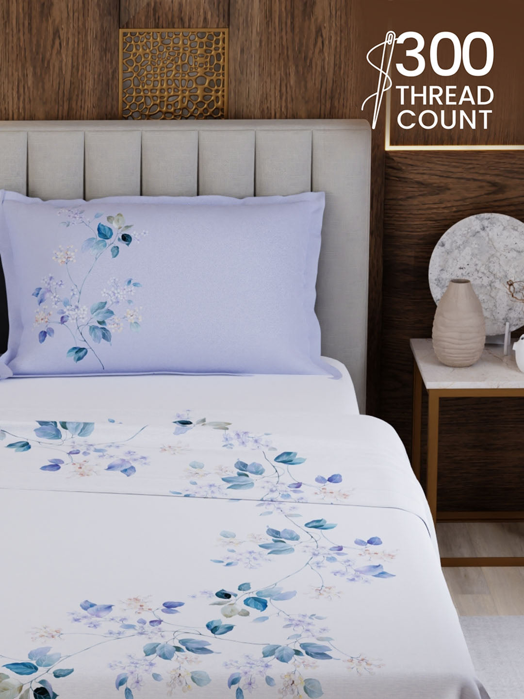 100% Cotton King Bedsheet Set, 300 TC Printed, Gardenia Augusta