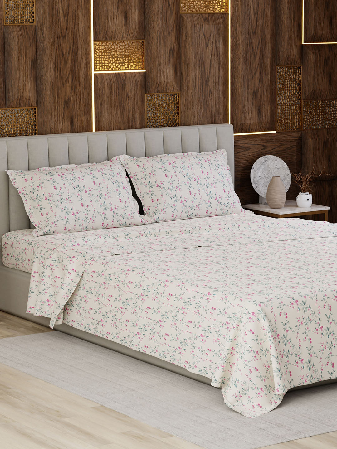 100% Cotton Super King Bedsheet Set, 300 TC Floral, Gardenia Augusta