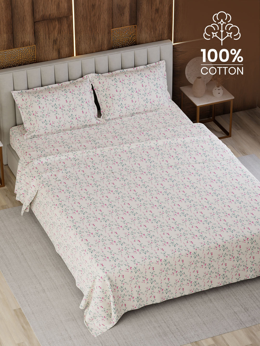 100% Cotton Super King Bedsheet Set, 300 TC Floral, Gardenia Augusta