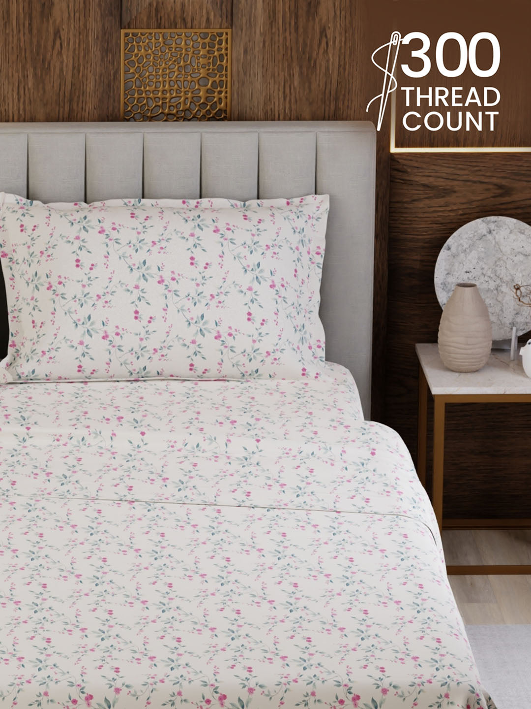 100% Cotton Super King Bedsheet Set, 300 TC Floral, Gardenia Augusta