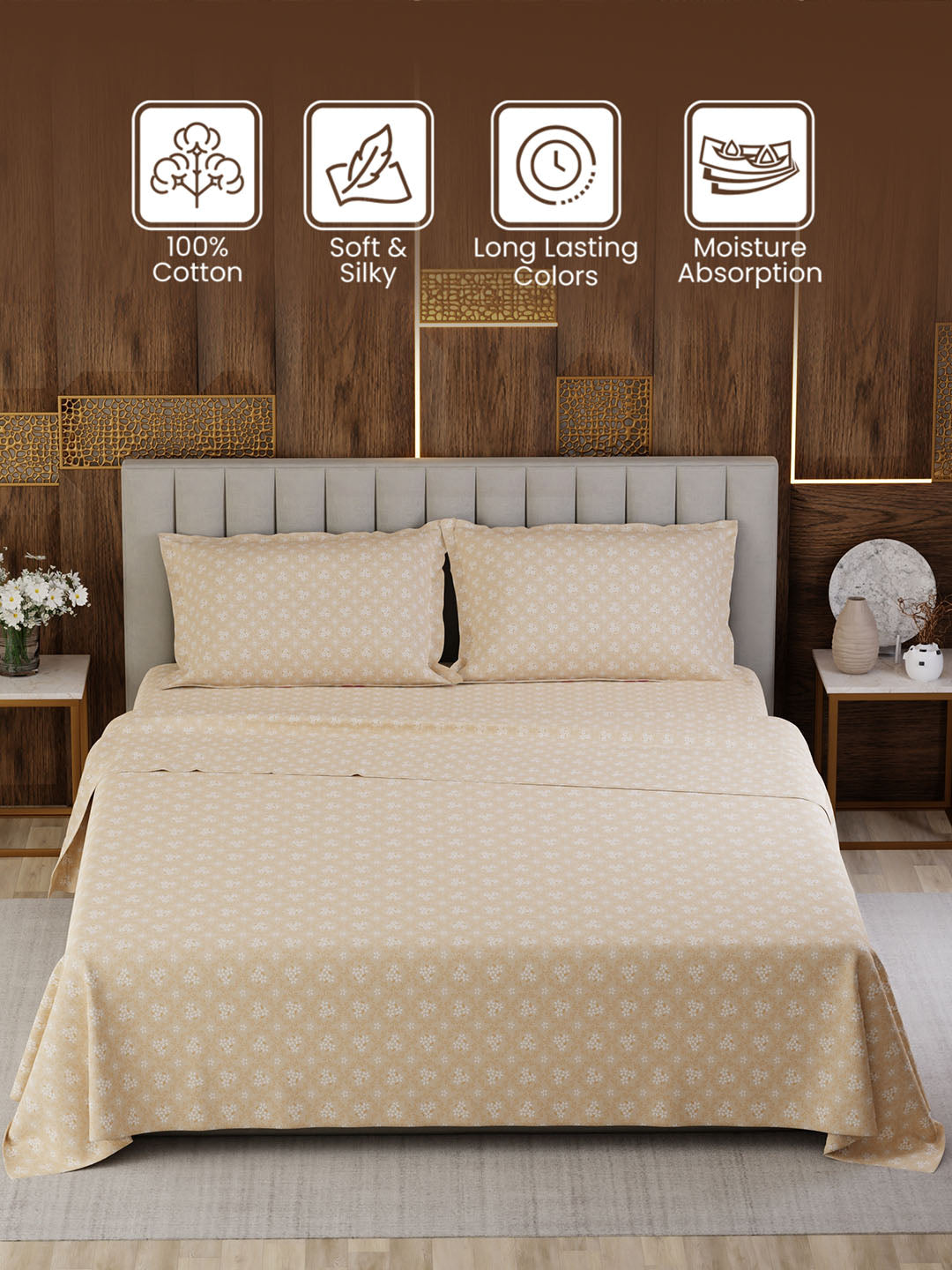 100% Cotton Super King Bedsheet Set, 300 TC Floral, Gardenia Augusta